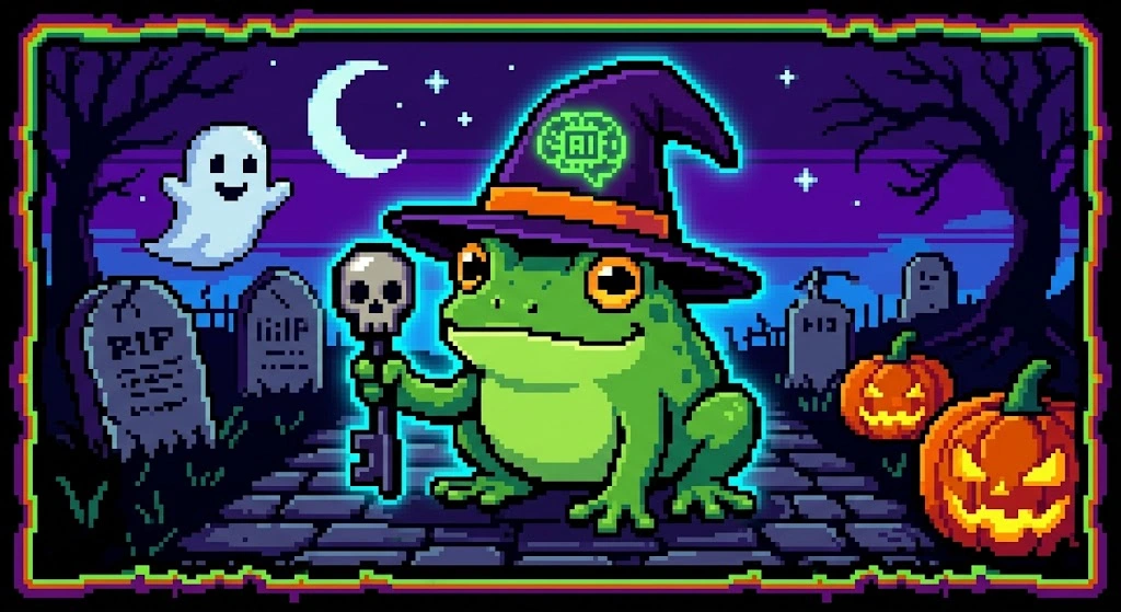 Pixel-art green frog in a witch hat with an AI emblem, surrounded by pumpkins and a friendly ghost in a moonlit graveyard