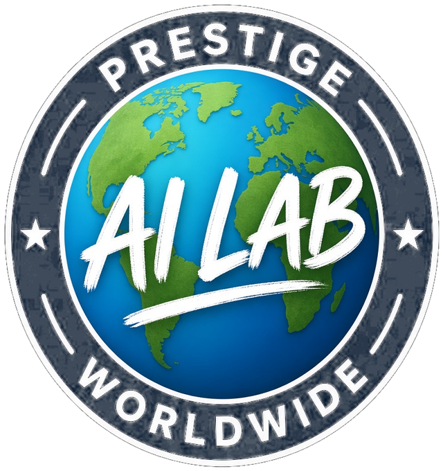 The Prestige Worldwide badge mark: a globe inside a circuit-styled ring reading Prestige Worldwide, AI Lab.